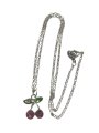 (image for) Cherry necklace, pink stone and green leaf, cute fruit motif, silver chain