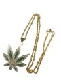 (image for) Green Marijuana Leaf Motif Ganja Cannabis Necklace Pendant Gold Chain Width 2.5mm Length 50cm