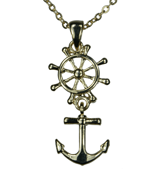 Rudder & Anchor Marine Necklace Long Chain Gold